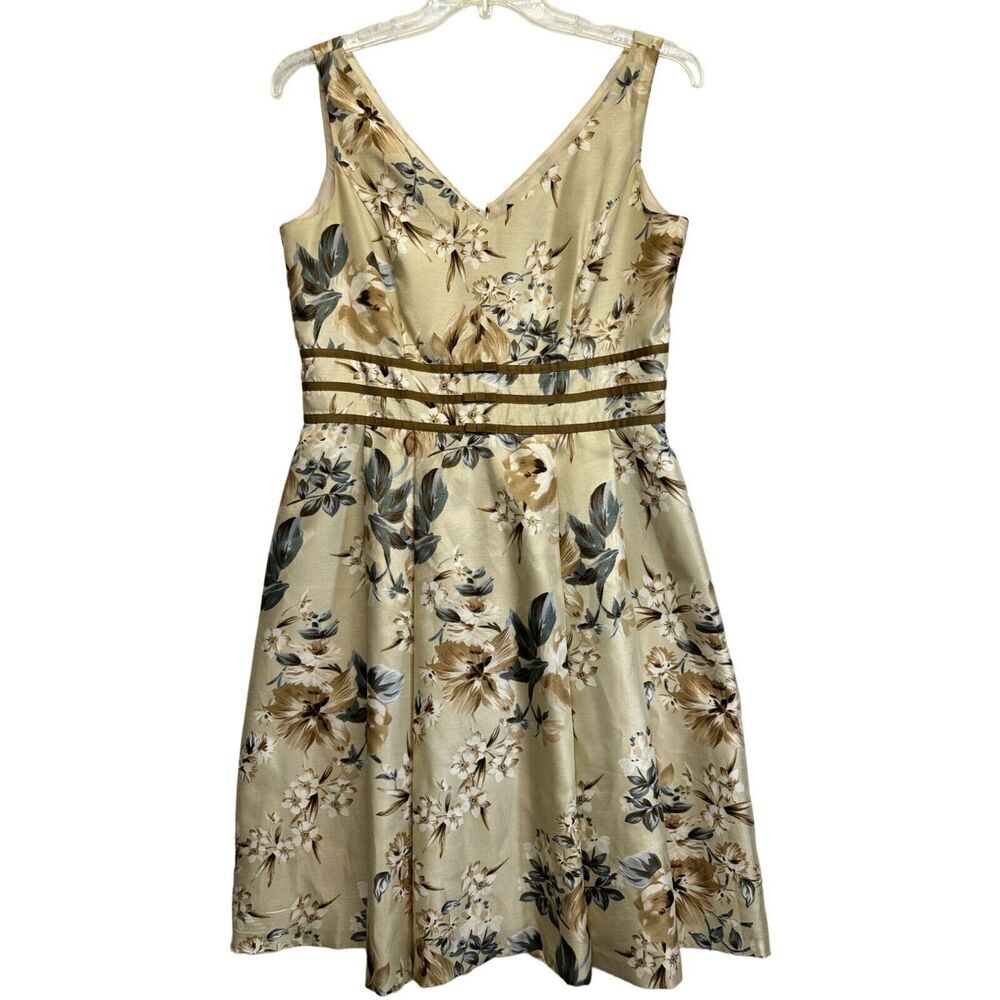 Scarlett Floral V-Neck A-Line Midi Dress Gold Brown Size 12 Sleeveless Ribbon
